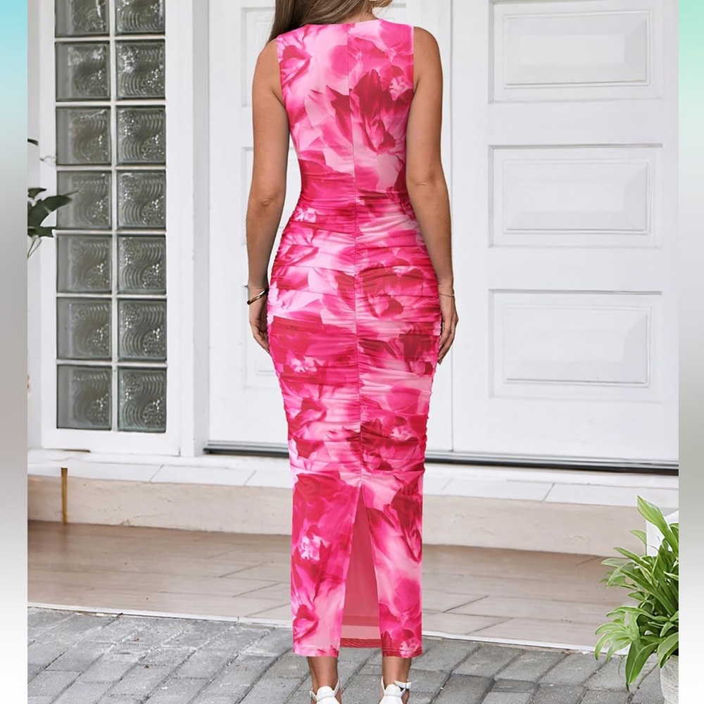 BTFBM Women Bodycon Maxi Summer Sleeveless Floral Ruched Dress - Picture 3 of 11